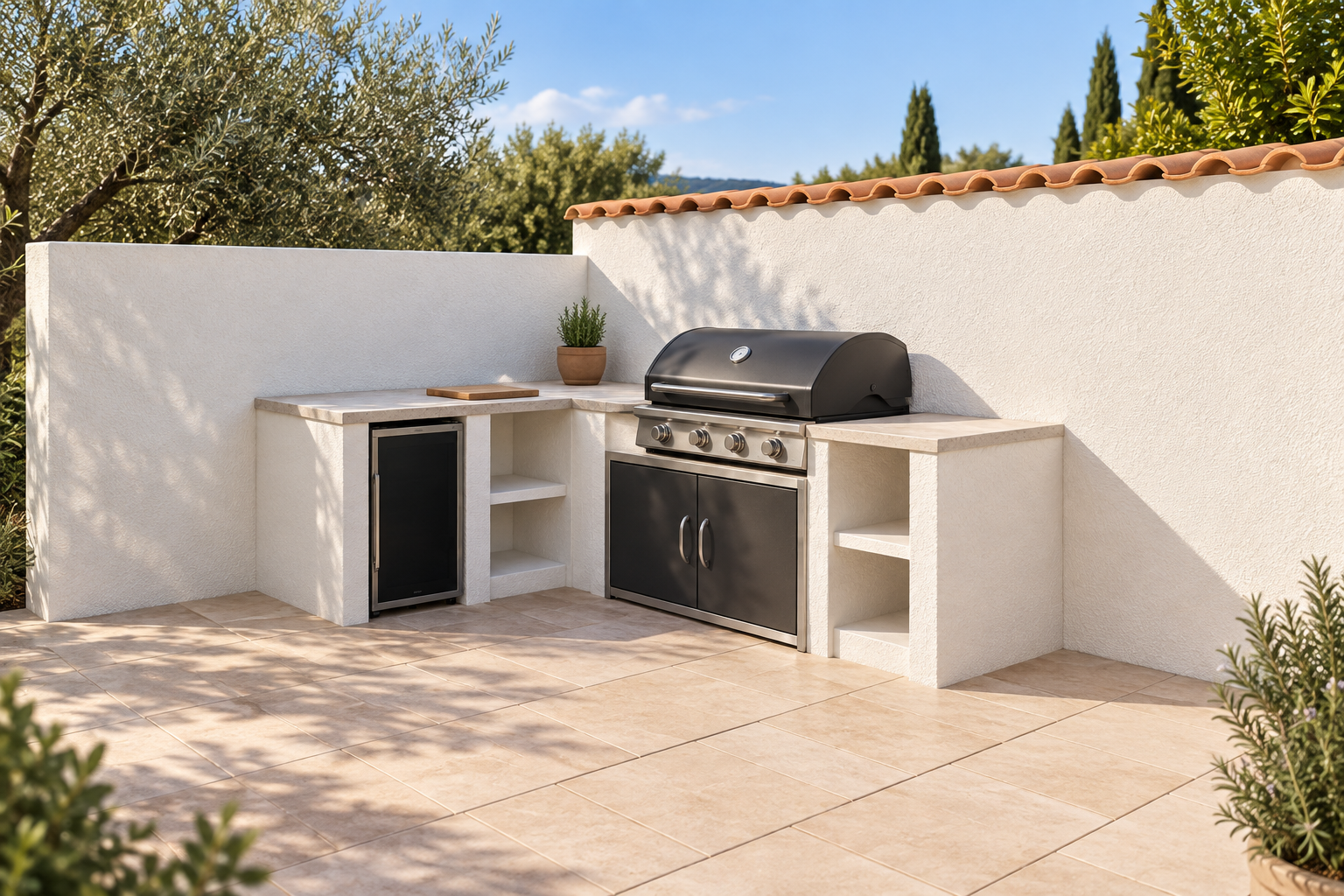 3D outdoor kitchen design with barbecue, white masonry and stone countertops