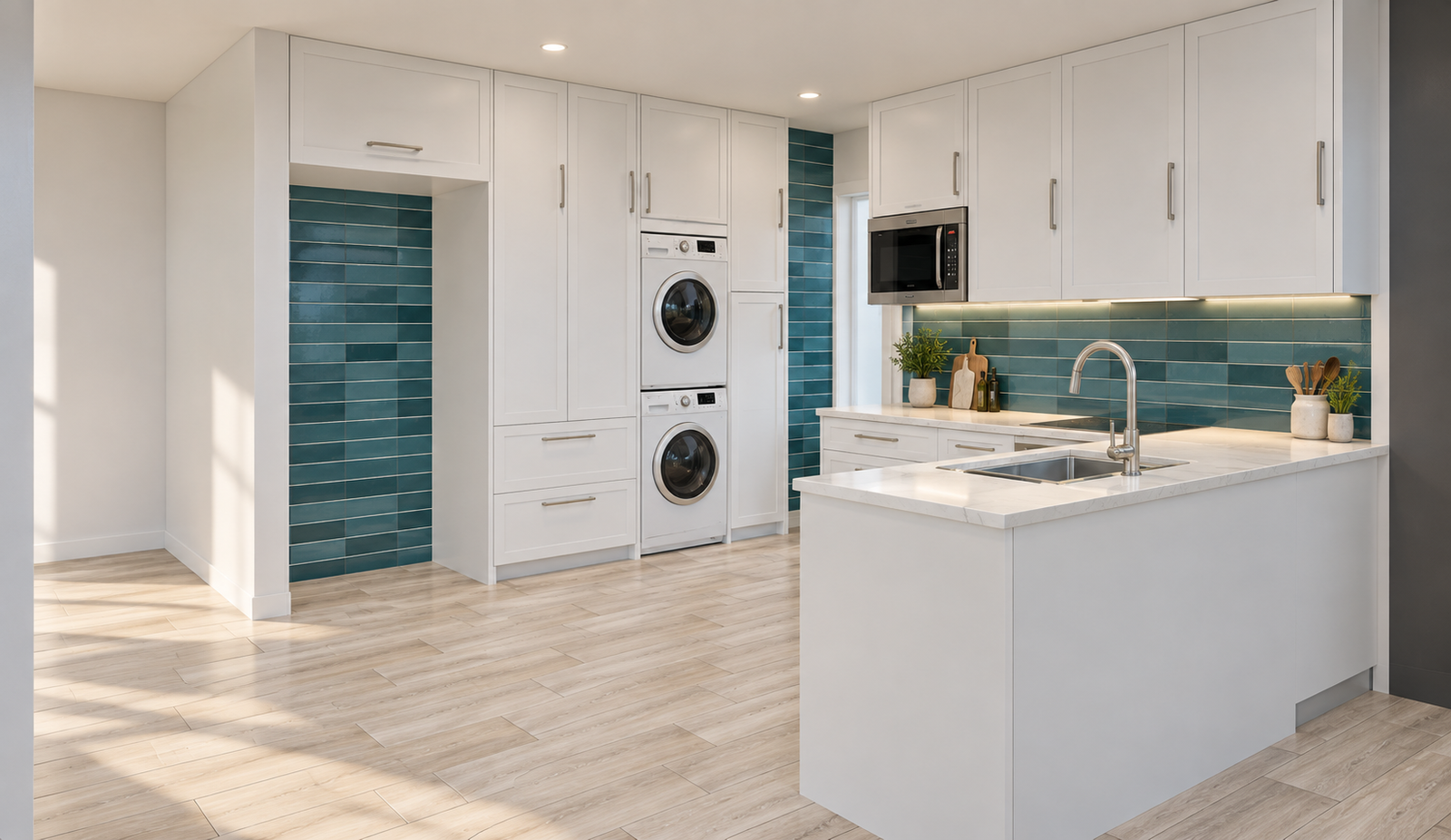 3D kitchen design with white cabinets extending to the ceiling and teal tiles